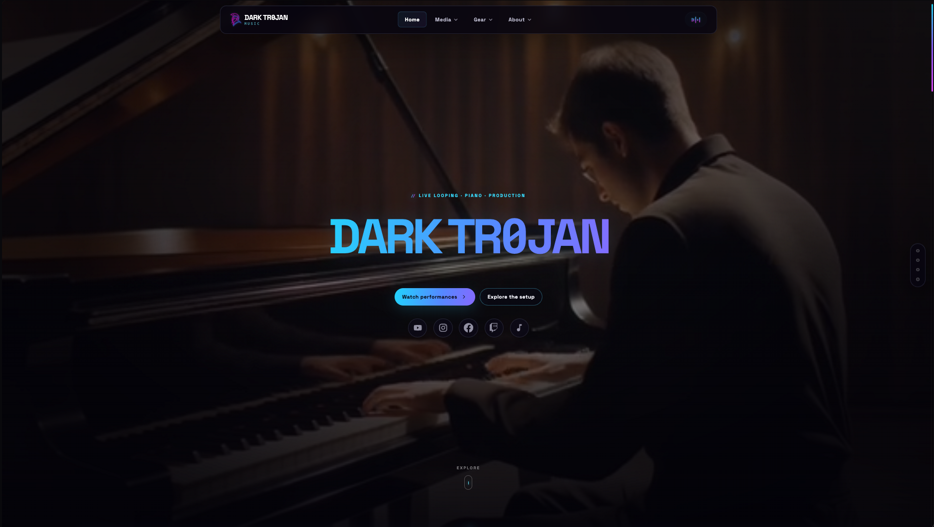 DARK TR0JAN homepage with neon blue title treatment, music equipment and social media sections