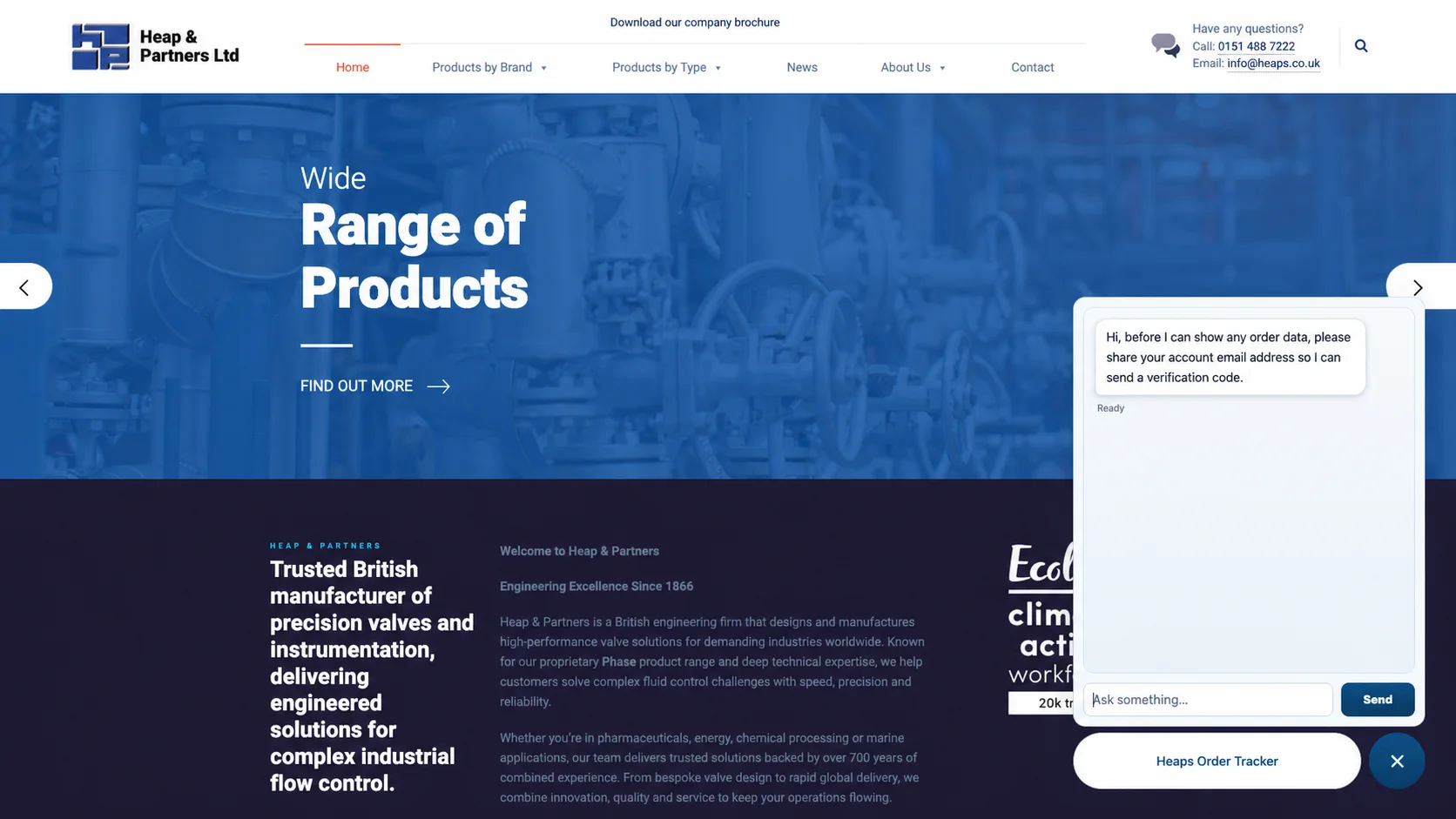 The heaps.co.uk home page with the order tracker open in the bottom-right corner